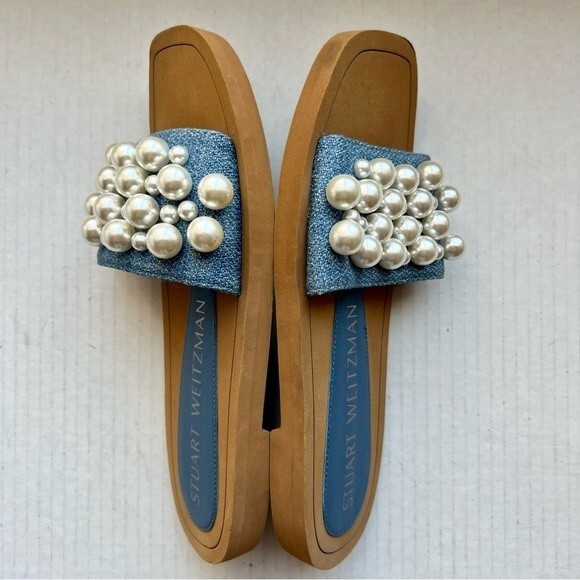 Stuart Weitzman Blue Denim Slide Flat Slip On Sandal Shoes w/ Pearls Women 5 B - Picture 6 of 14